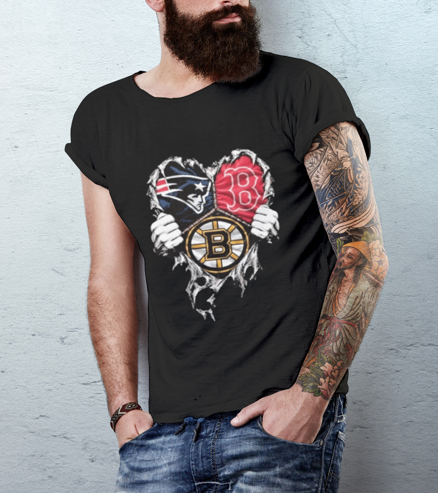 New England Patriots Boston Red Sox Boston Bruins Heart Iconic Trio T-Shirt