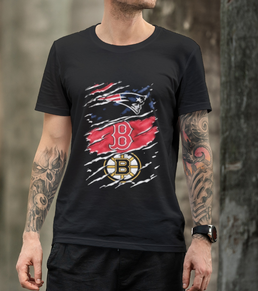New England Patriots Boston Red Sox Boston Bruins Ripped Distressed Triple Team Sports T-Shirt