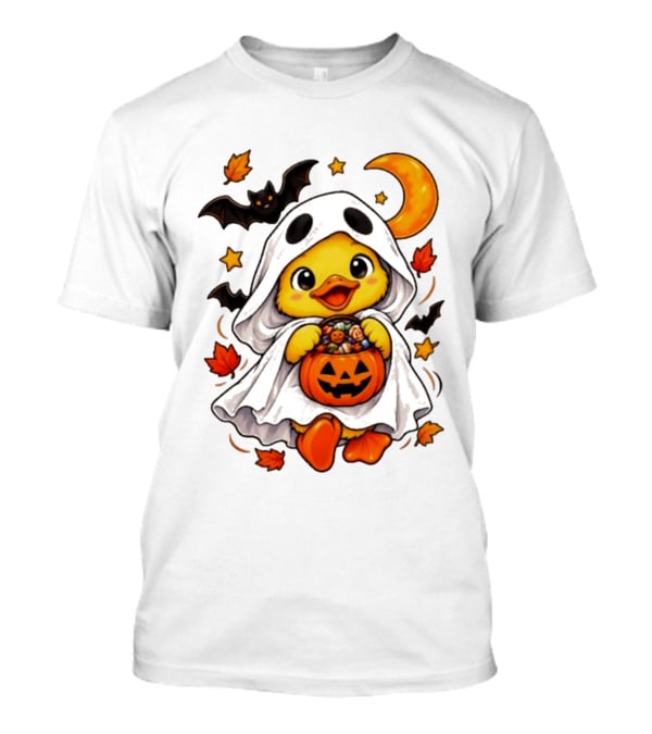 Ghost Ducking With Halloween Pumpkin Candy Bucket Bat Moon And Stars T-Shirt