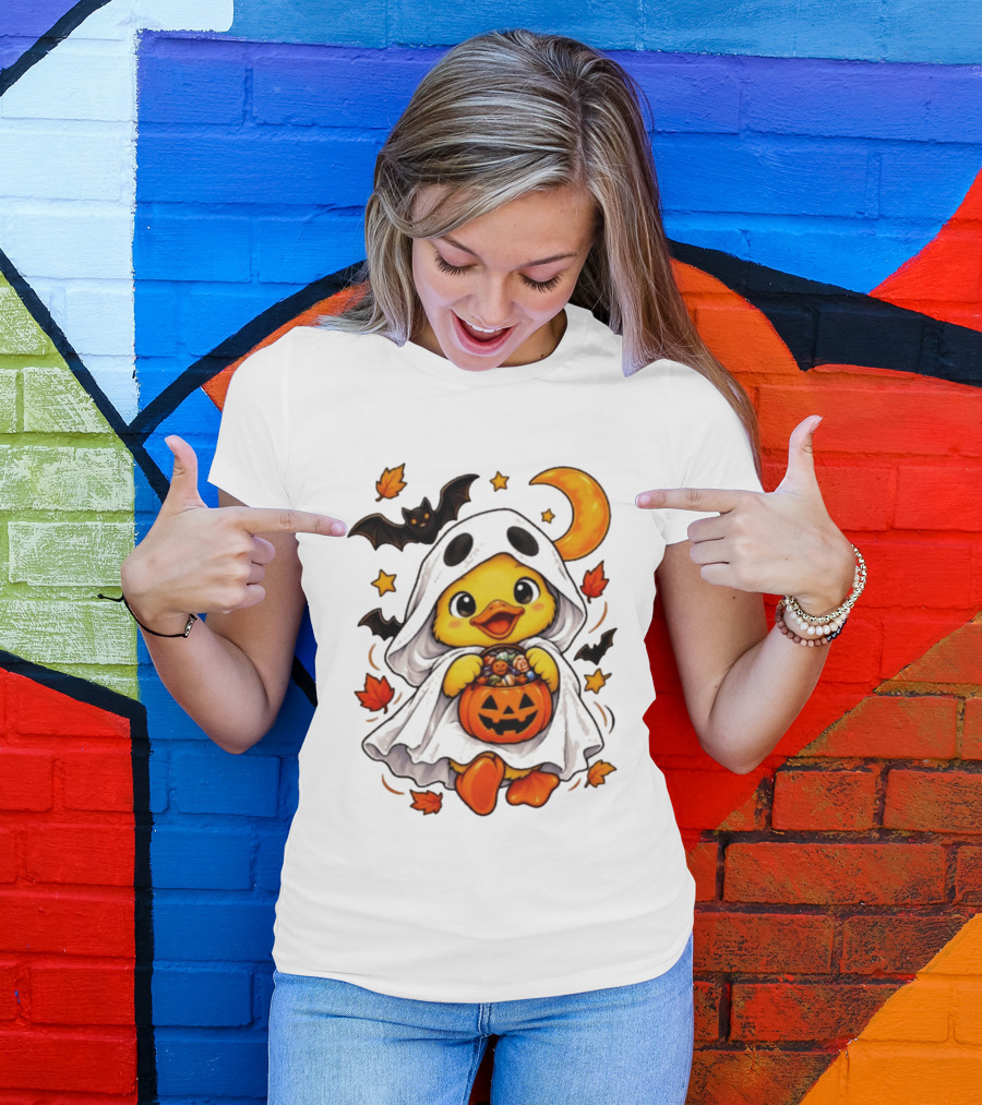 Ghost Ducking With Halloween Pumpkin Candy Bucket Bat Moon And Stars T-Shirt