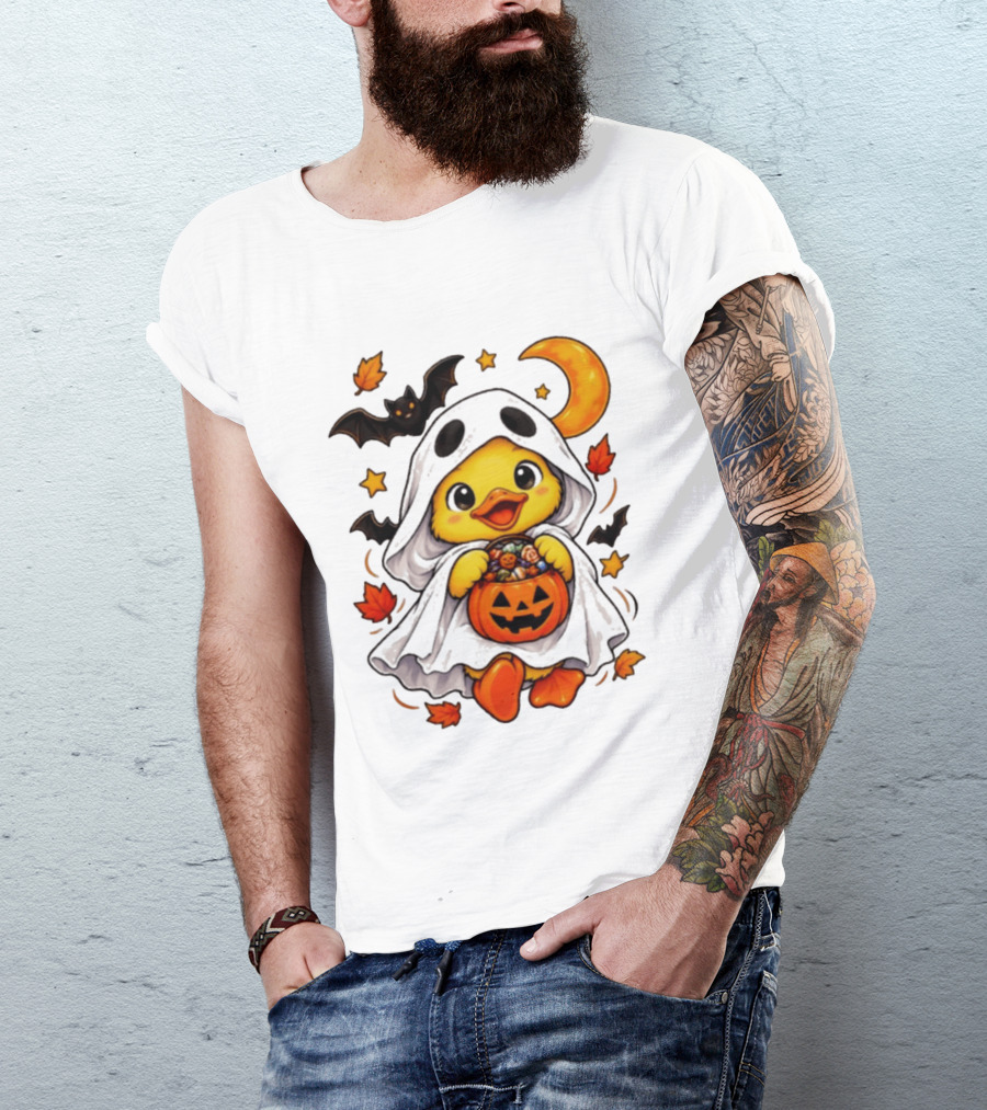 Ghost Ducking With Halloween Pumpkin Candy Bucket Bat Moon And Stars T-Shirt