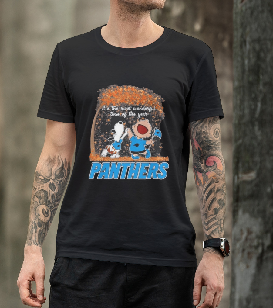 Carolina Panthers Snoopy Charlie Brown Dancing It's The Most Wonderful Time Of The Year 2026 T-Shirt