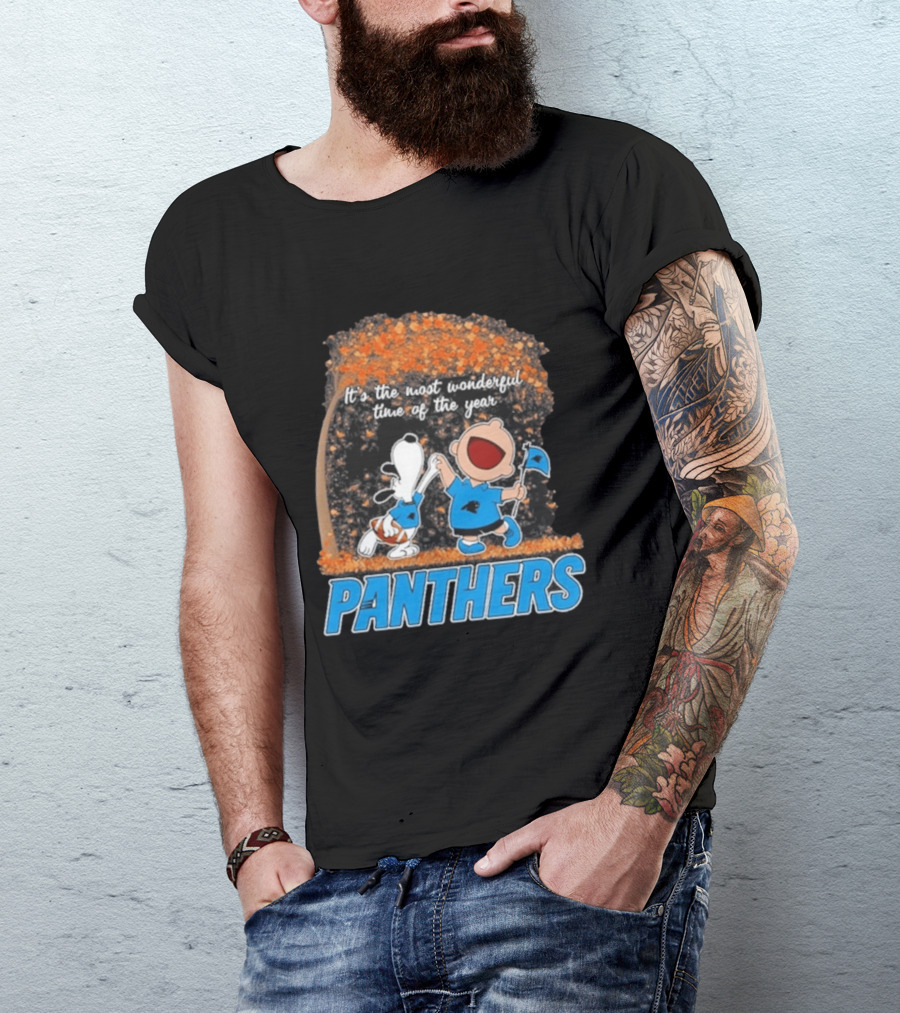 Carolina Panthers Snoopy Charlie Brown Dancing It's The Most Wonderful Time Of The Year 2026 T-Shirt