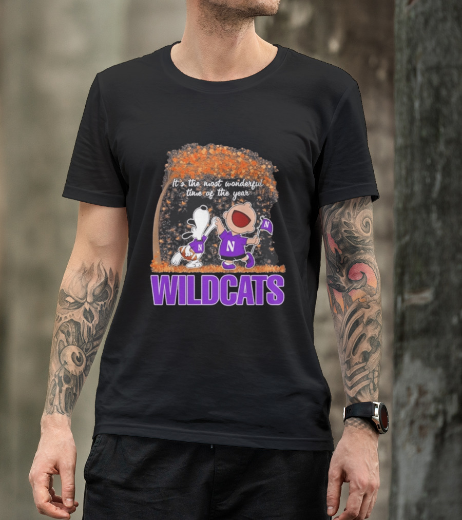Northwestern Wildcats Snoopy Charlie Brown Dancing It's The Most Wonderful Time Of The Year T-Shirt