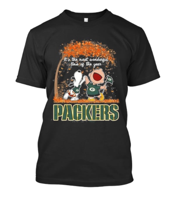 Green Bay Packers Snoopy Charlie Brown Dancing Autumn Leaves 2026 Most Wonderful Time T-Shirt