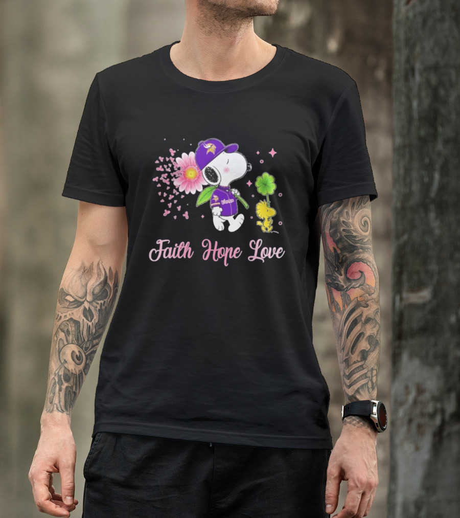 Minnesota Vikings Snoopy Faith Hope Love Breast Cancer Awareness 2026 T-Shirt