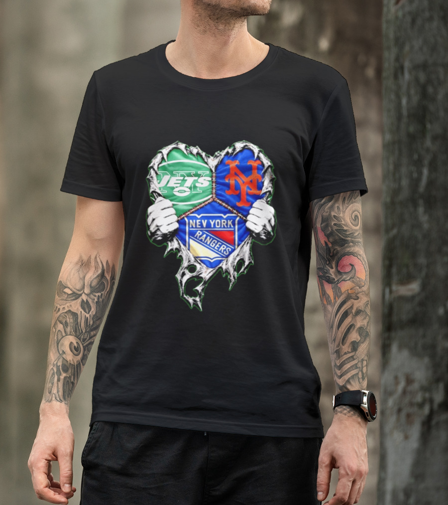 New York Jets Mets Rangers Heart Mashup Scratch T-Shirt