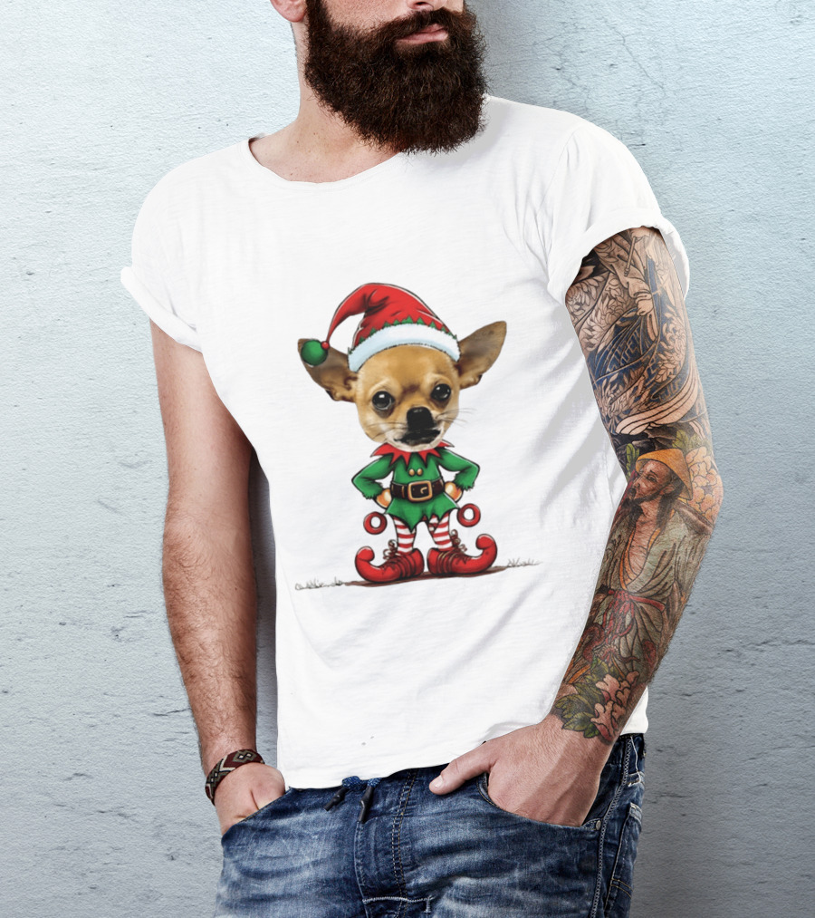 Chihuahua Elf Christmas 2026 Humor Meme Festive Dog In Santa Hat And Green Elf Outfit T-Shirt