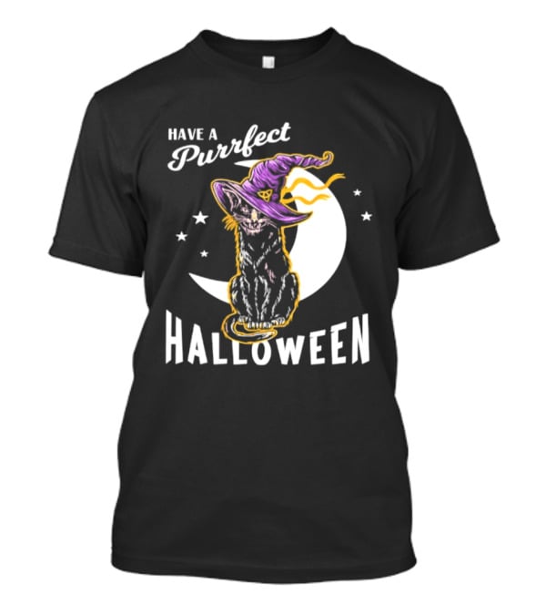 Have A Purrfect Halloween Black Cat And Moon With Witch Hat T-Shirt