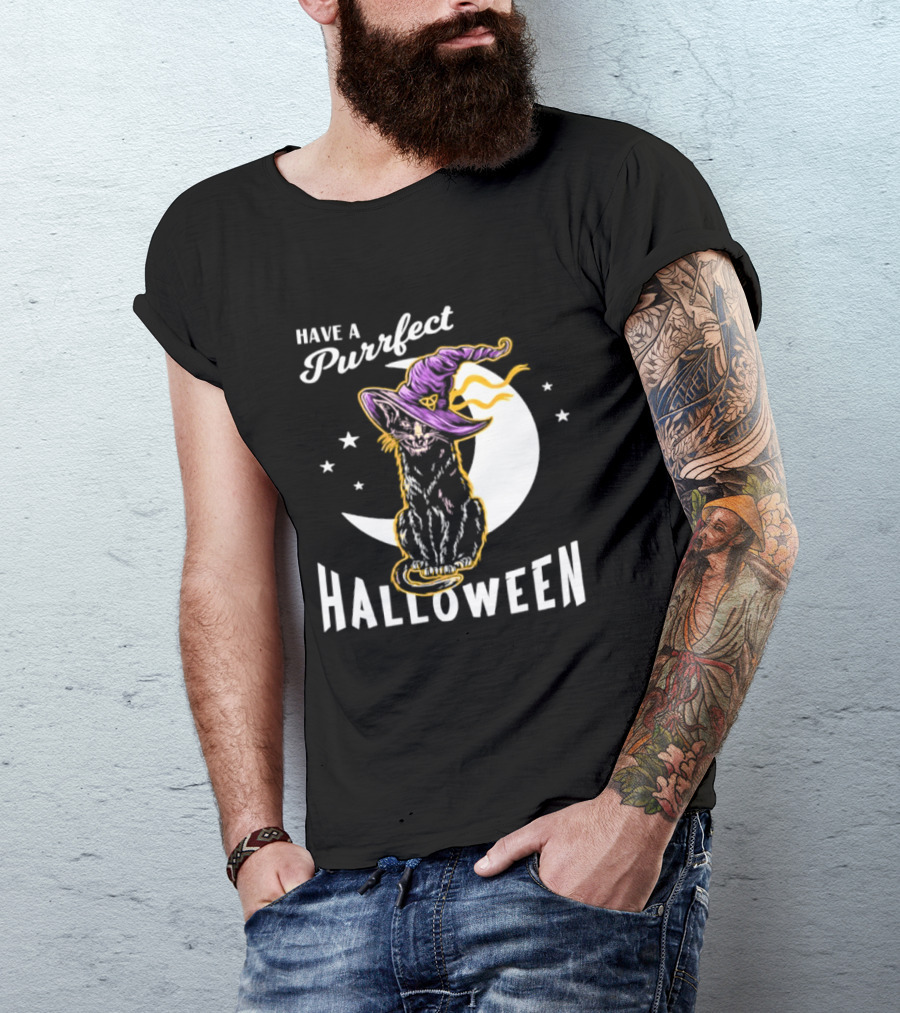 Have A Purrfect Halloween Black Cat And Moon With Witch Hat T-Shirt