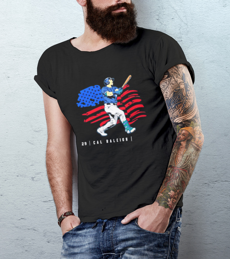 Cal Raleigh Baseball USA Flag Seattle Seahawks T-Shirt