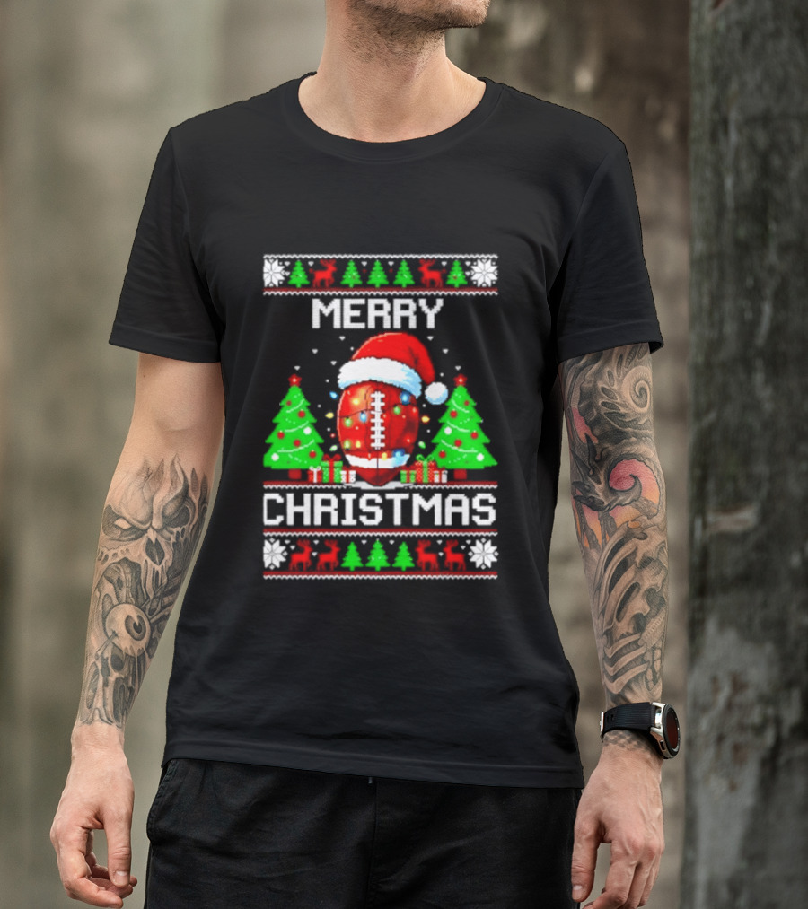 Merry Christmas Football Santa Hat Lights Festive Trees T-Shirt