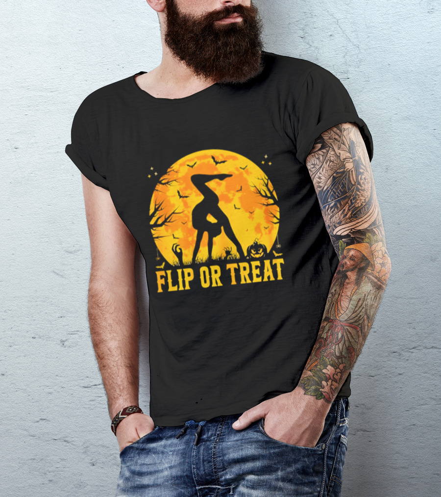 Flip Or Treat Halloween Gymnastics Moon Silhouette Spooky Pumpkin T-Shirt
