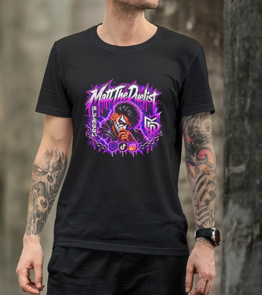 Matt The Duelist Freelance MTD Anime Gamer Mask Neon Purple Kanji T-Shirt