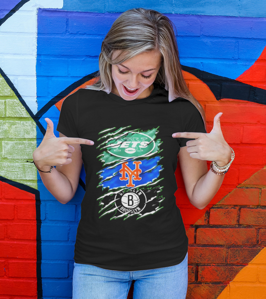 New York Jets Mets Brooklyn Nets Scratch Logo Mashup T-Shirt