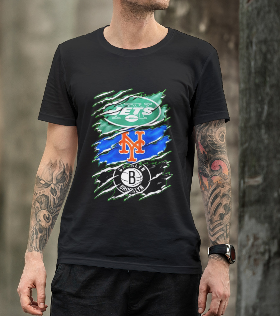 New York Jets Mets Brooklyn Nets Scratch Logo Mashup T-Shirt