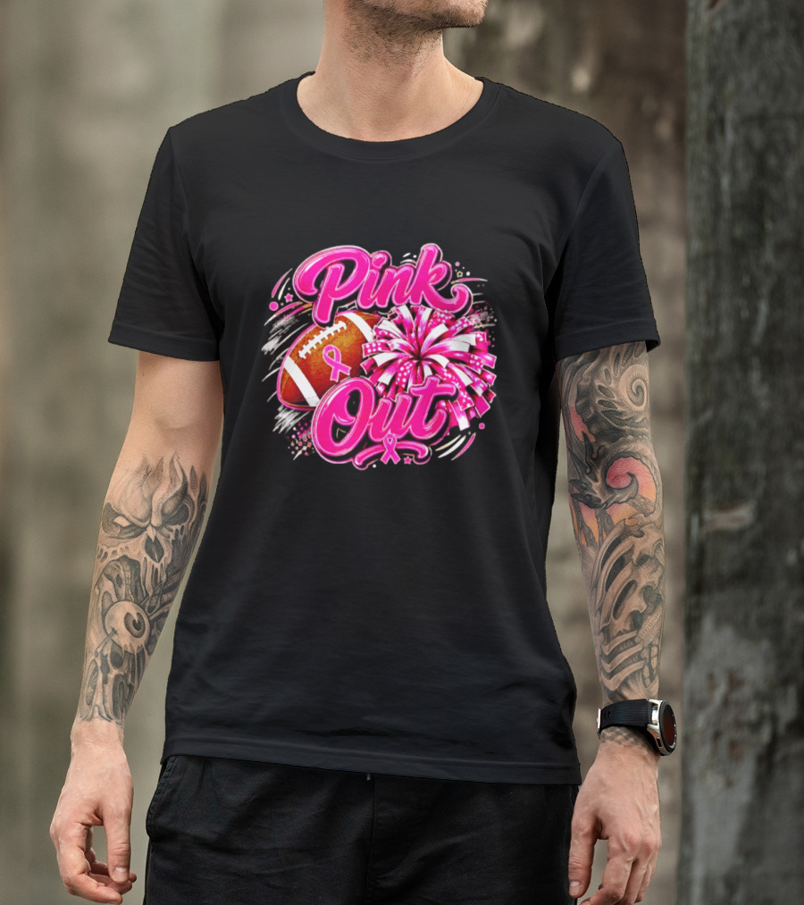 Pink Out Breast Cancer Awareness Football Cheerleading Pom Poms T-Shirt