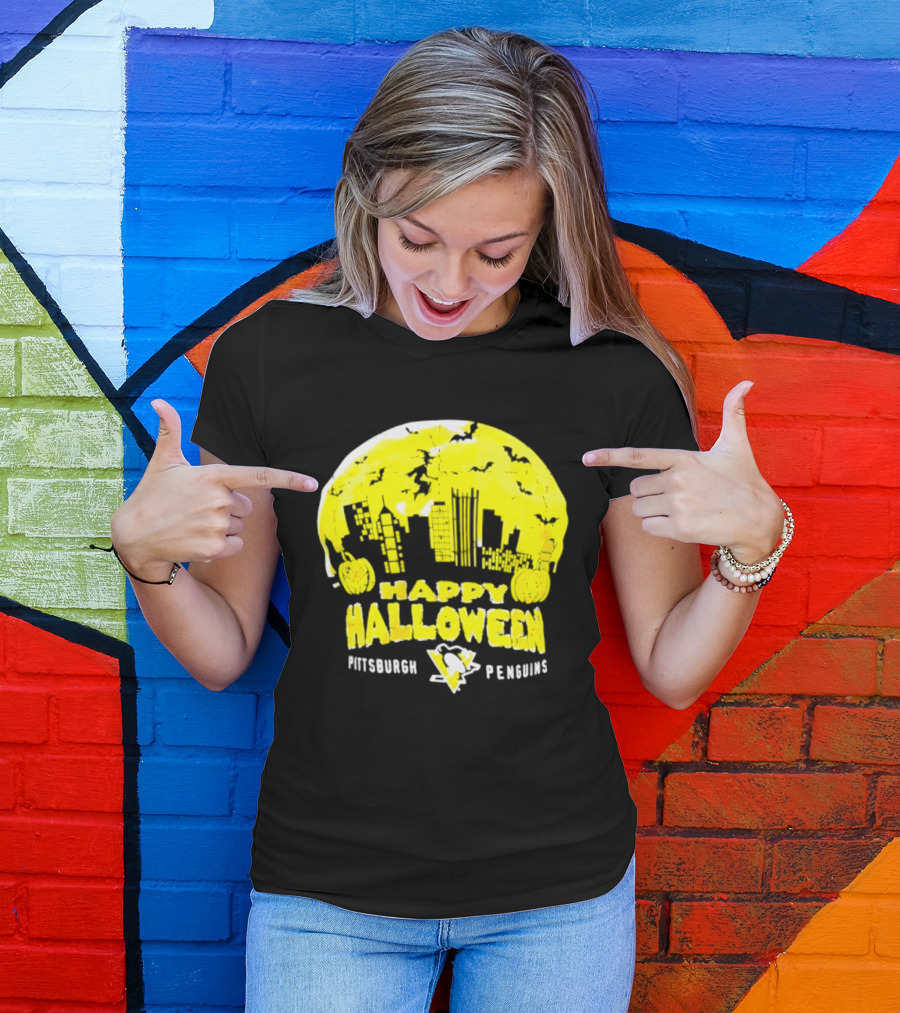 Pittsburgh Penguins Happy Halloween Skyline Pumpkins T-Shirt