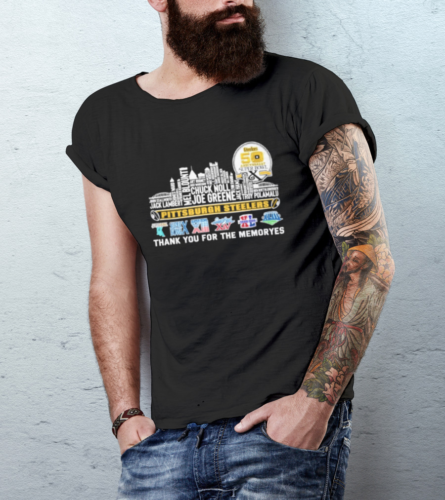 Pittsburgh Steelers Skyline 50th Anniversary Super Bowl Logos Thank You For The Memories T-Shirt