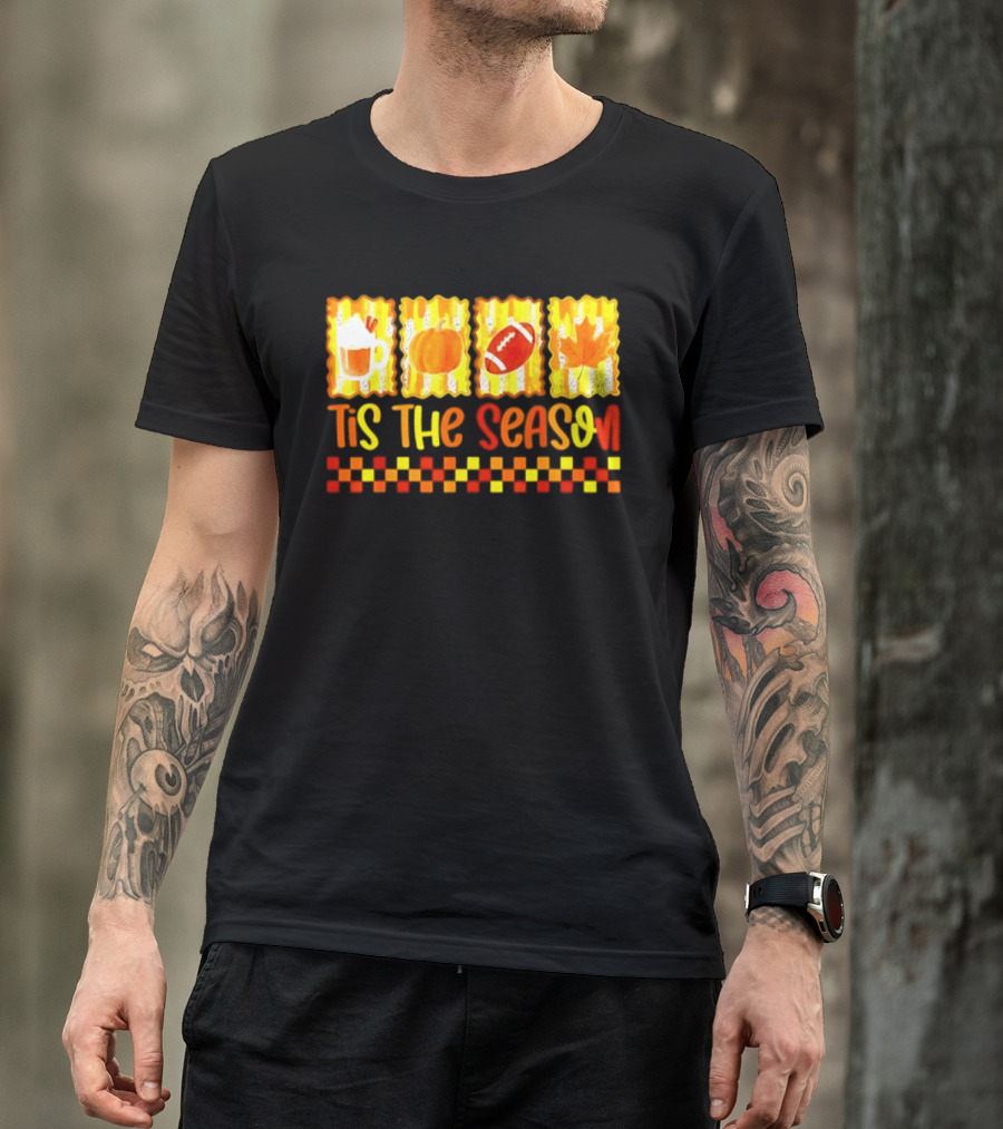Tis The Season Pumpkin Coffee Football Leaf Halloween T-Shirt