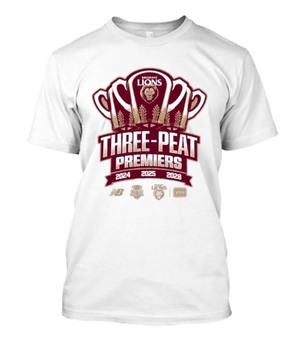 Brisbane Lions Three Peat Premiers 2024 2025 2026 AFL Trophy T-Shirt