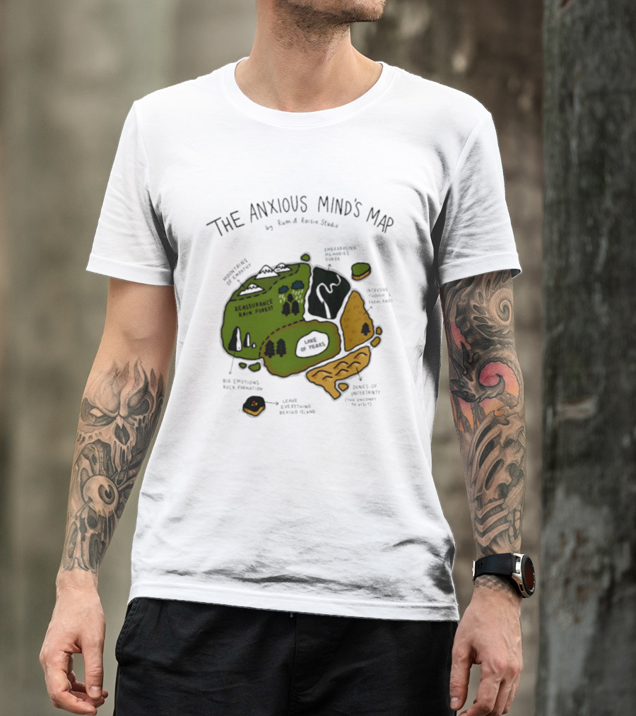 The Anxious Mind's Map Rum & Raisin Studio Reassurance Rain Forest Expectations Plateau Attack Of Panic Peaks T-Shirt