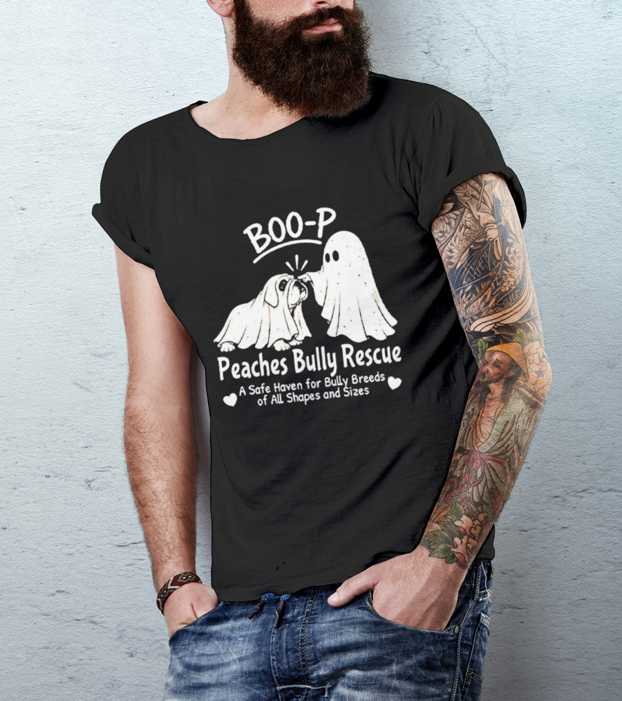 Boo P Peaches Bully Rescue Safe Haven For Bully Breeds Halloween Ghost Dog T-Shirt