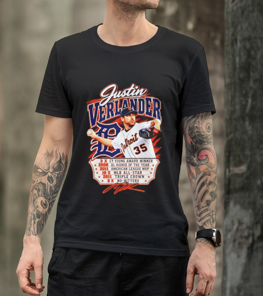 Justin Verlander Detroit Tigers Triple Crown 3x Cy Young 2011 MVP MLB All Star No Hitters T-Shirt