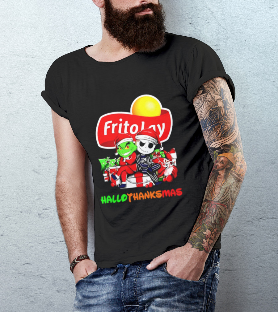 Frito Lay Grinch Jack Skellington Hallothanksmas 2026 Christmas Santa Hats T-Shirt