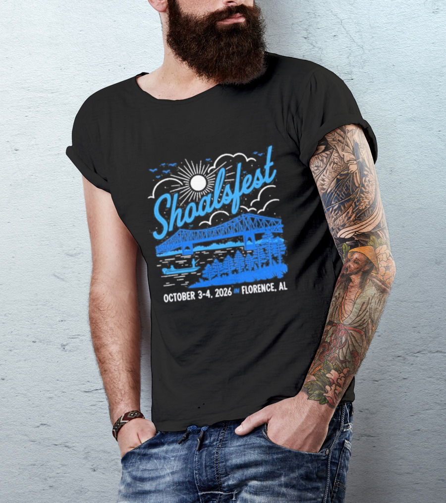 ShoalsFest October 3 4 2026 McFarland Park Florence Alabama Event With Bridge Illustration And Sun T-Shirt