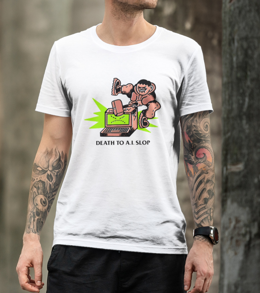 Death To AI Slop Digital Technology Revolution Sledgehammer Laptop Destruction T-Shirt