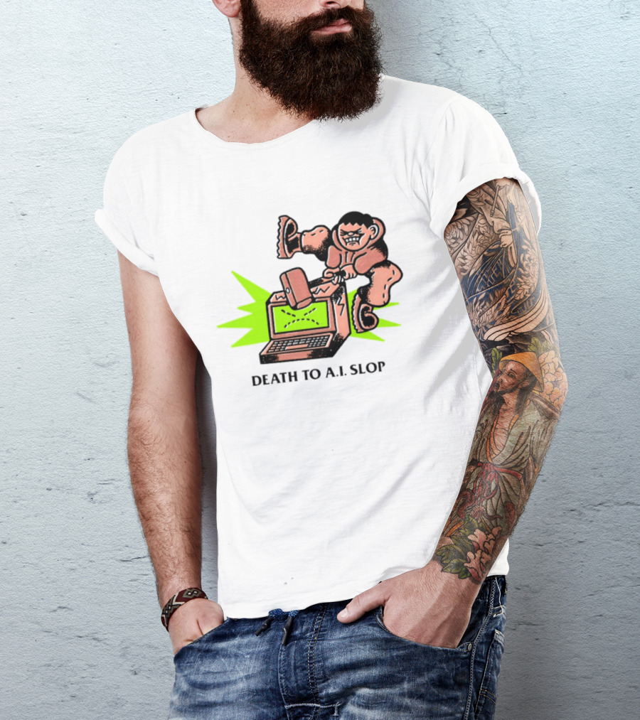 Death To AI Slop Digital Technology Revolution Sledgehammer Laptop Destruction T-Shirt