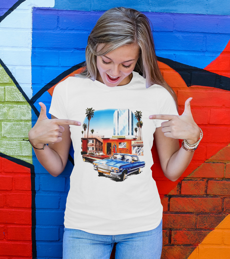 Panaderia Liquor Lowrider Scene With Vintage Cars And Palms T-Shirt