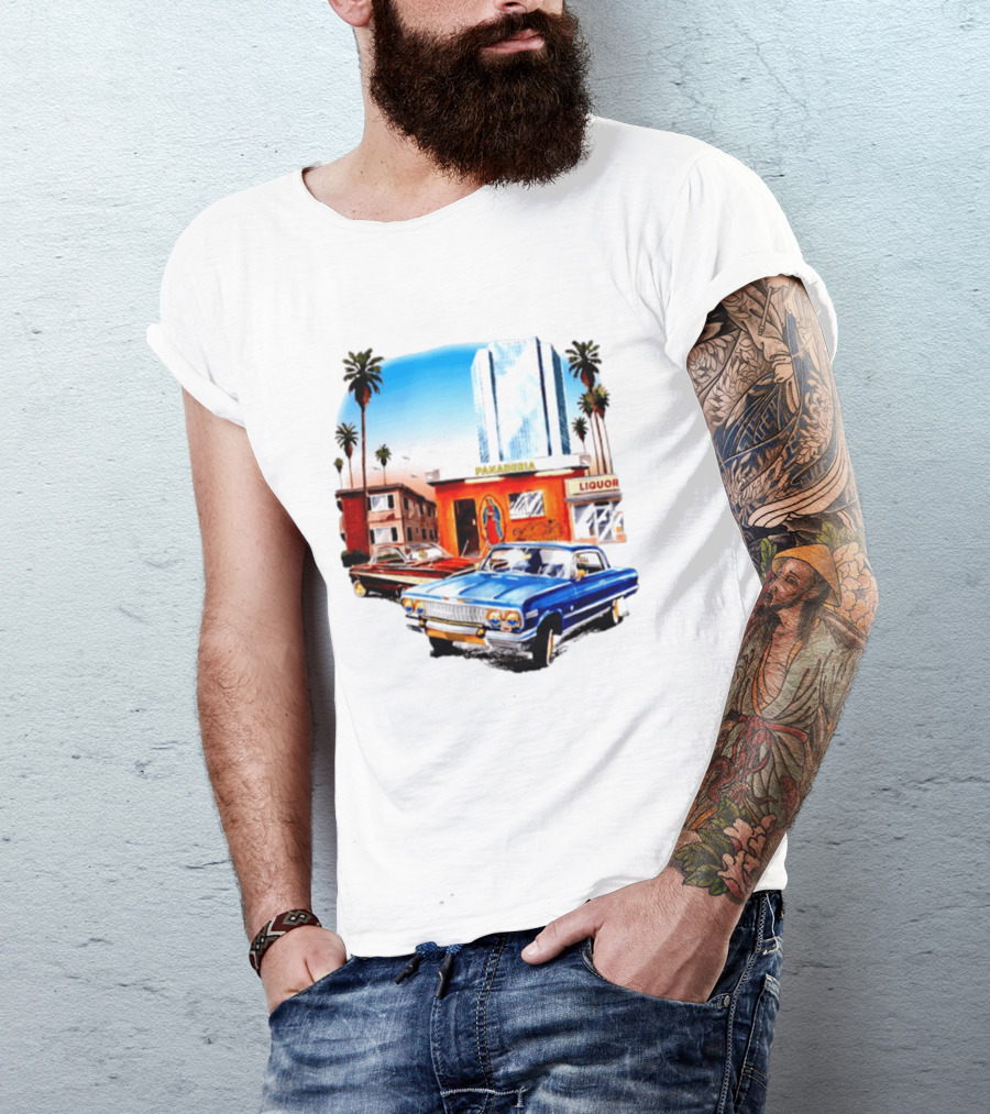 Panaderia Liquor Lowrider Scene With Vintage Cars And Palms T-Shirt