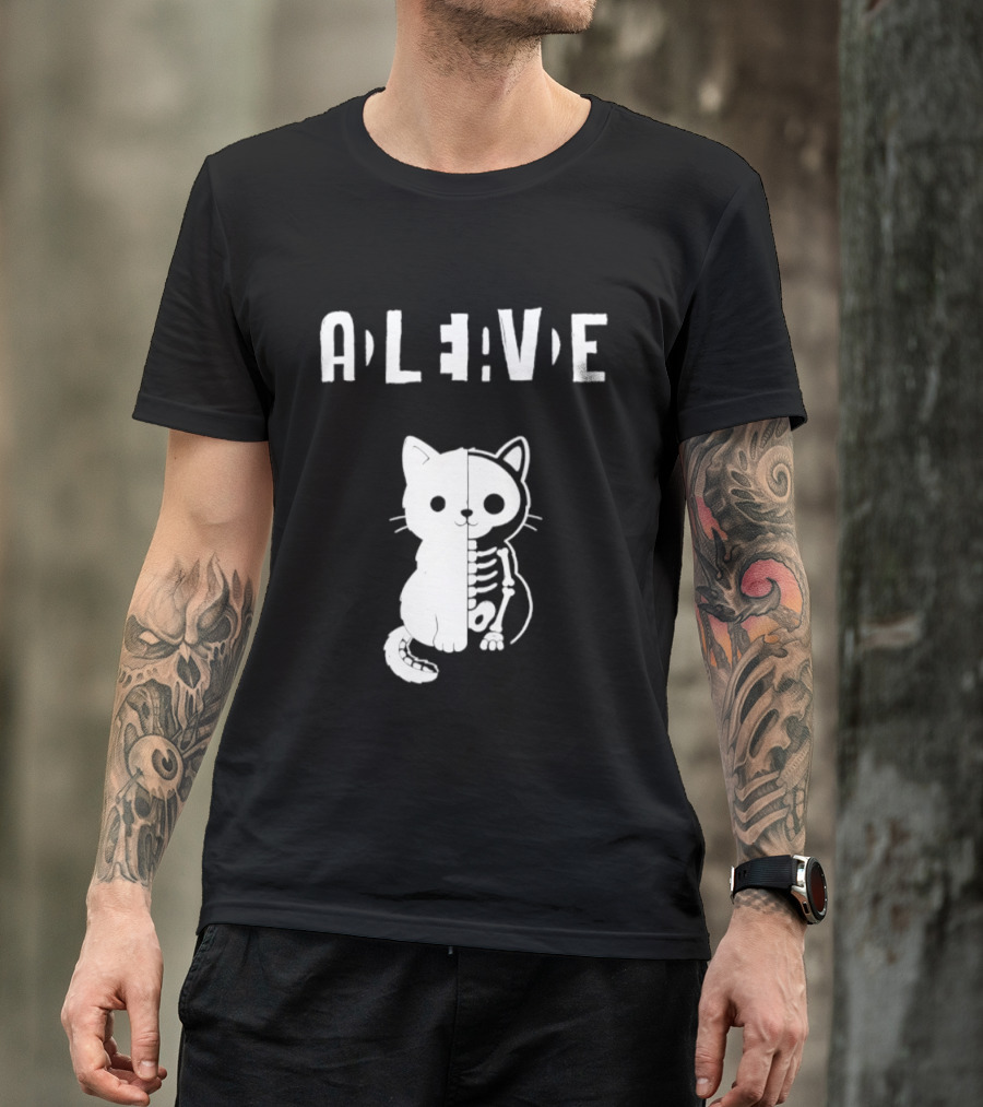 Alive Half Skeleton Cat Cute T-Shirt