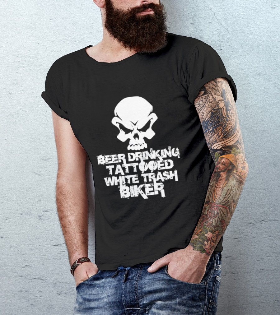 Beer Drinking Tattooed White Trash Biker Skull T-Shirt