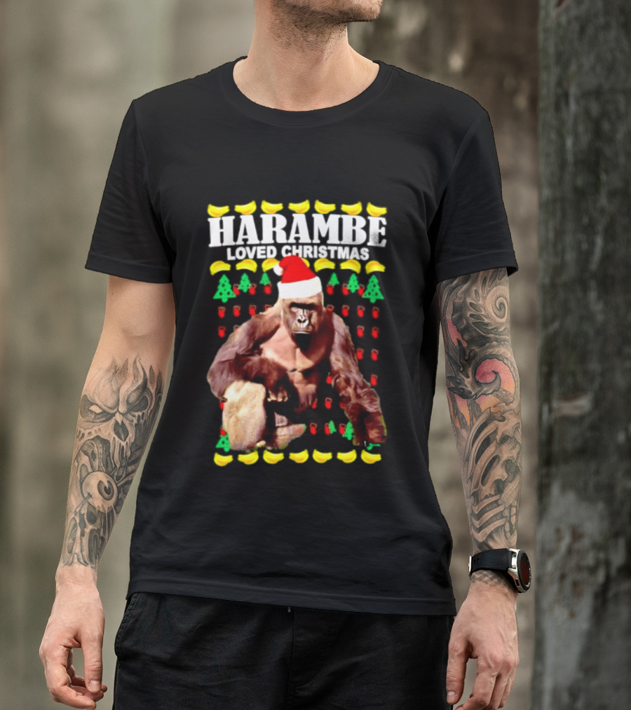 Harambe Loved Christmas Gorilla In Santa Hat With Bananas And Trees T-Shirt