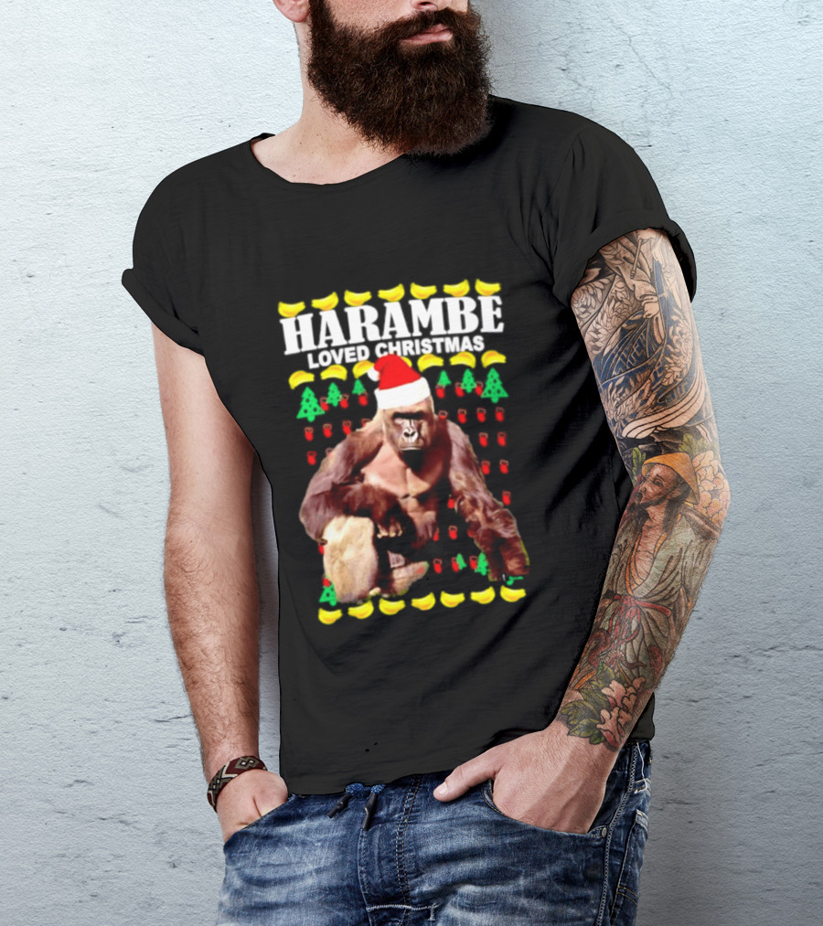 Harambe Loved Christmas Gorilla In Santa Hat With Bananas And Trees T-Shirt