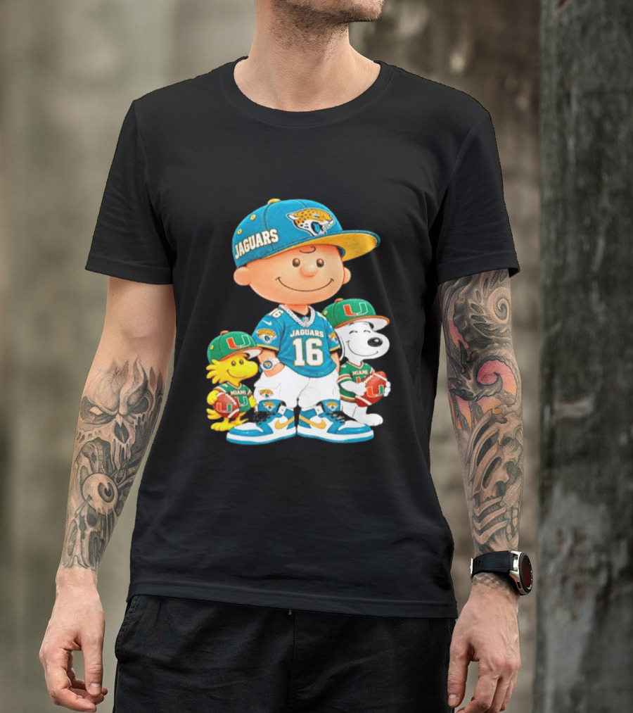 Peanuts Charlie Brown Snoopy Woodstock Jacksonville Jaguars Miami Hurricanes Football Fan Gear T-Shirt