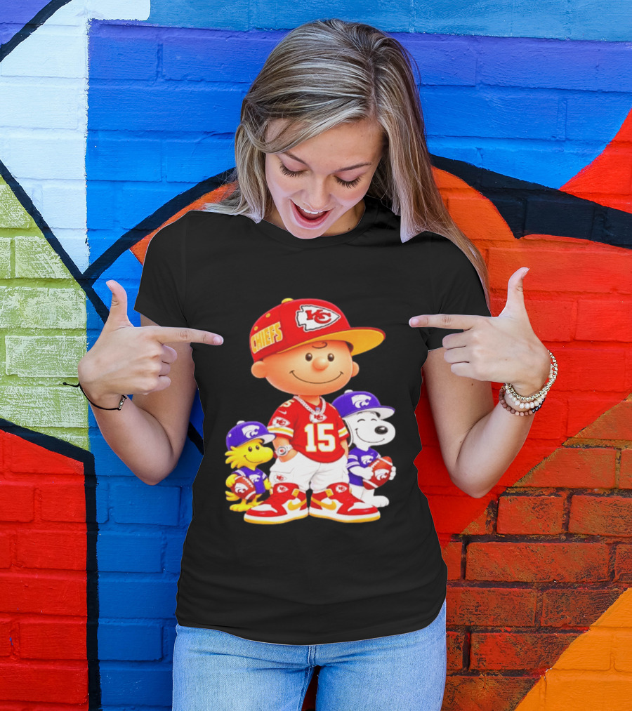 Charlie Brown Snoopy Woodstock Kansas City Chiefs 15 Football Peanuts Characters NFL Team Sports Gear T-Shirt