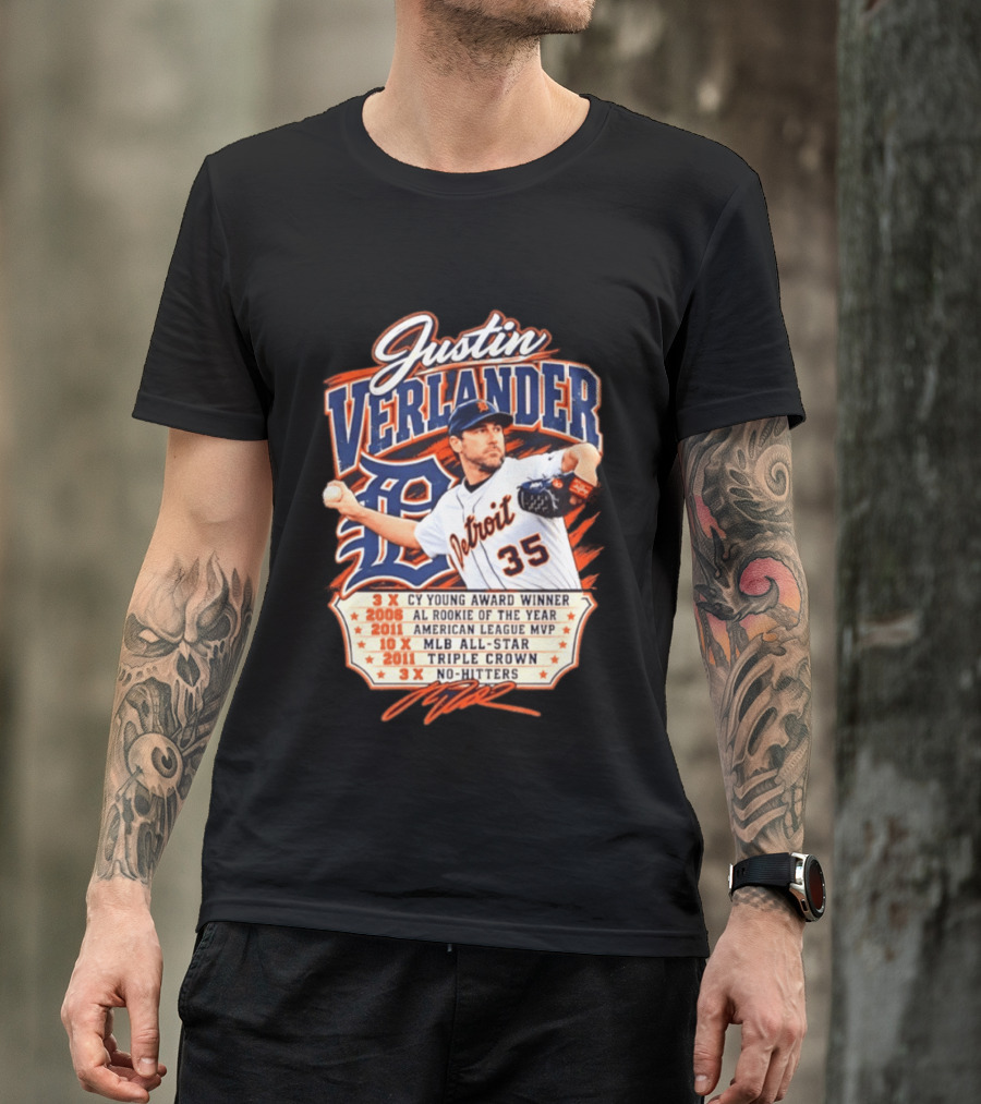 Justin Verlander Detroit Tigers Career 3x Cy Young Award Winner AL Rookie Of The Year 2011 American League MVP MLB All Star Triple Crown No Hitters T-Shirt