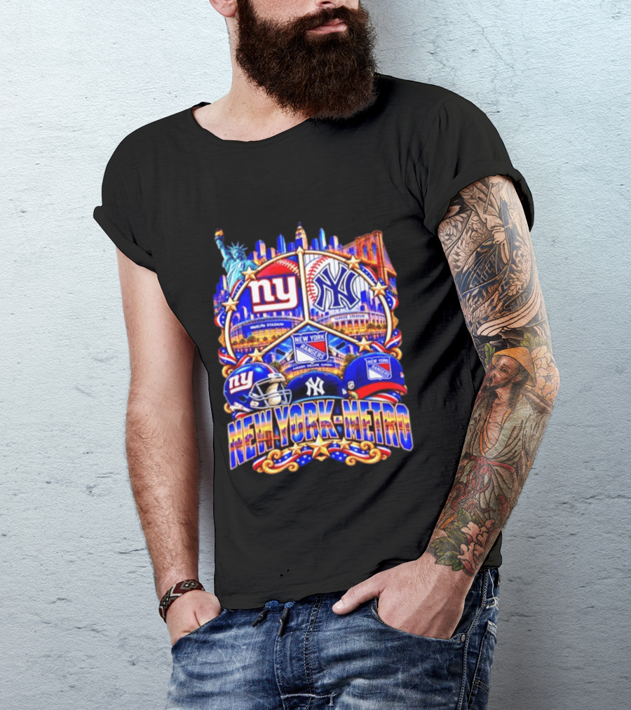 New York Metro Giants Yankees Rangers Skyline Stadium Statue Liberty T-Shirt