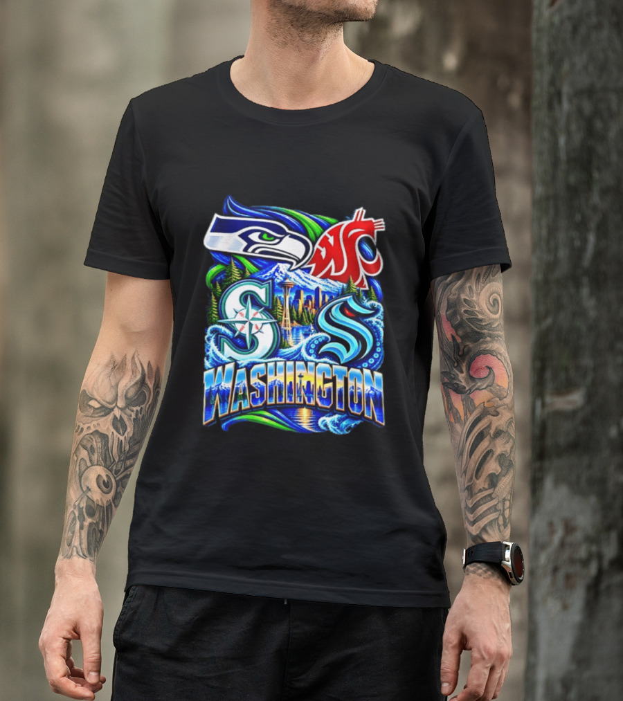 Seattle Seahawks Washington State Cougars Mariners Kraken Washington Skyline T-Shirt