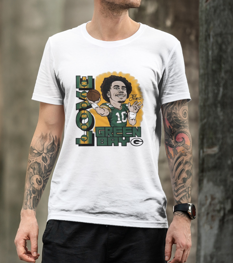 Green Bay Packers Jordan Love Caricature Player Number 10 Football T-Shirt
