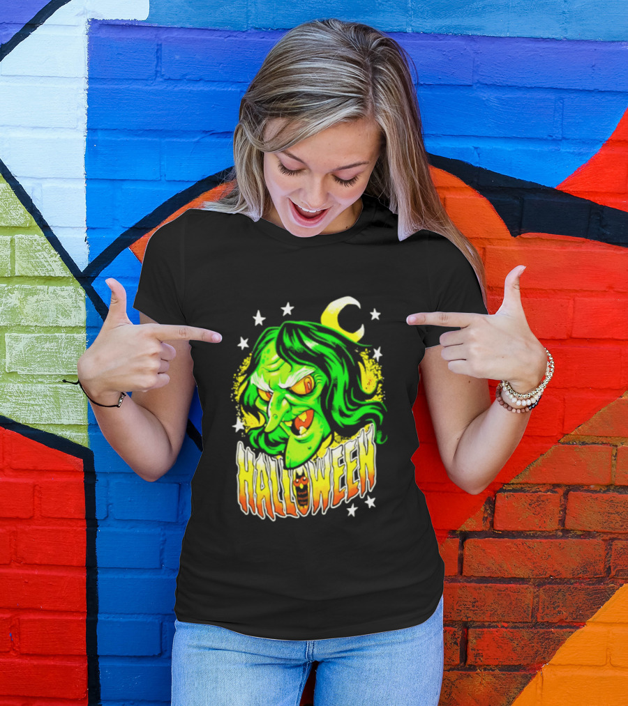 Halloween Witch Green Face Crescent Moon And Stars T-Shirt