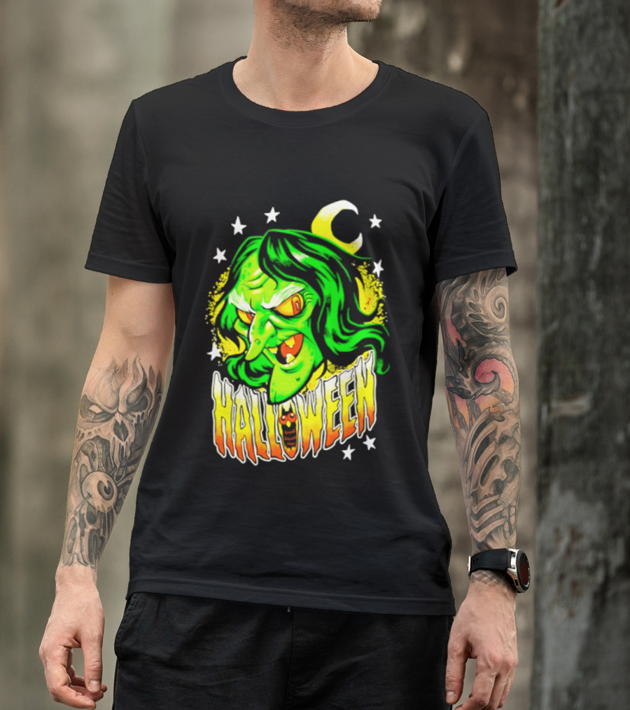 Halloween Witch Green Face Crescent Moon And Stars T-Shirt