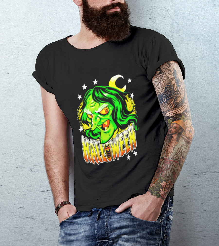 Halloween Witch Green Face Crescent Moon And Stars T-Shirt