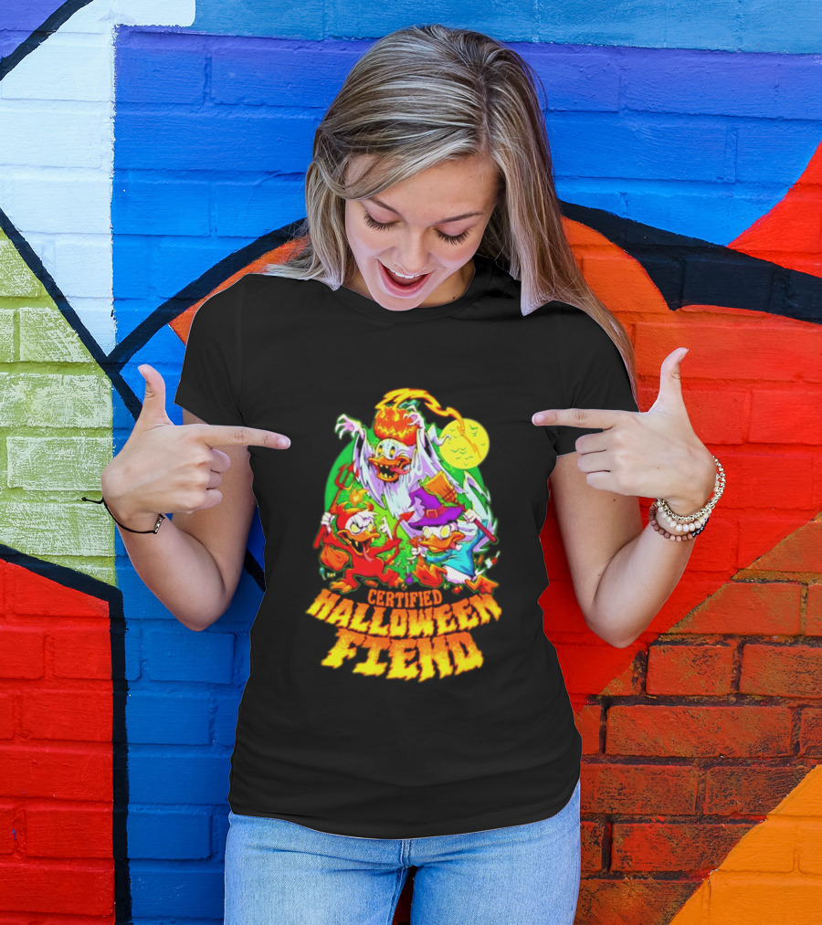 Certified Halloween Fiend Donald Duck Huey Dewey Louie Ghost Witch Devil Moon Scene T-Shirt