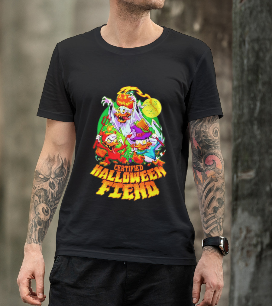 Certified Halloween Fiend Donald Duck Huey Dewey Louie Ghost Witch Devil Moon Scene T-Shirt