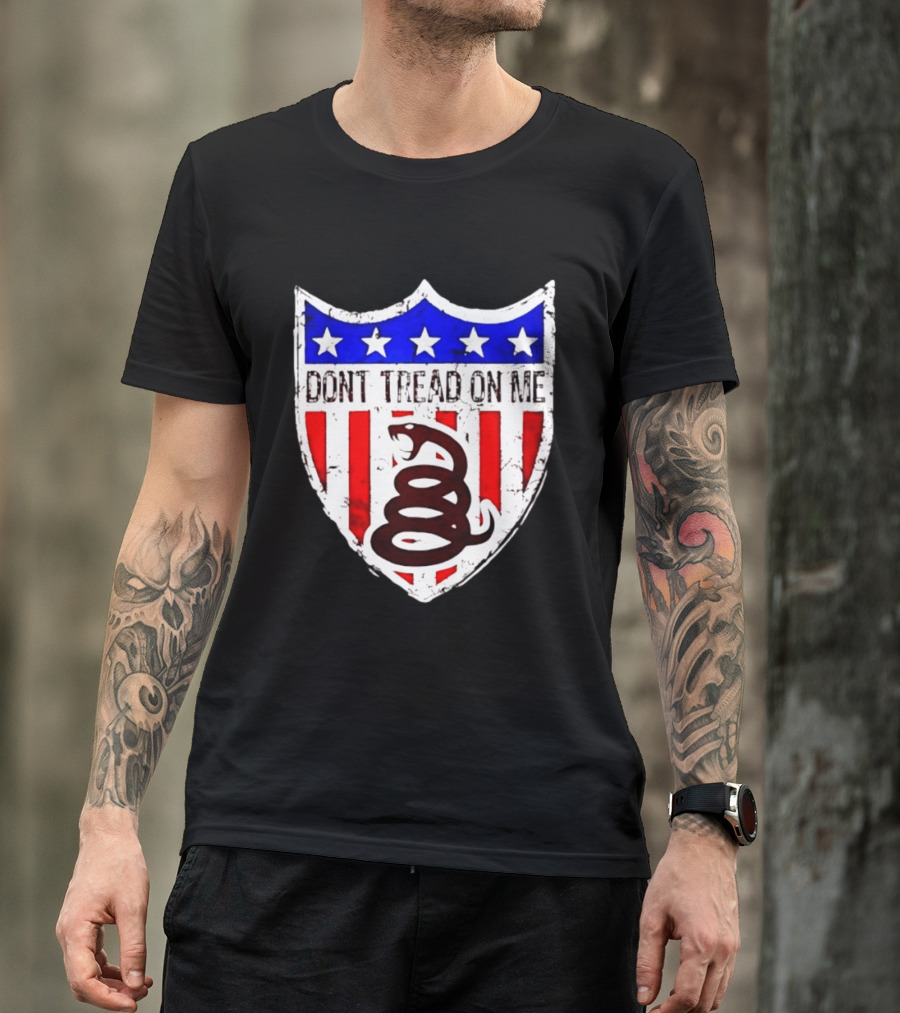 Dont Tread On Me American Flag Shield Gadsden Snake T-Shirt